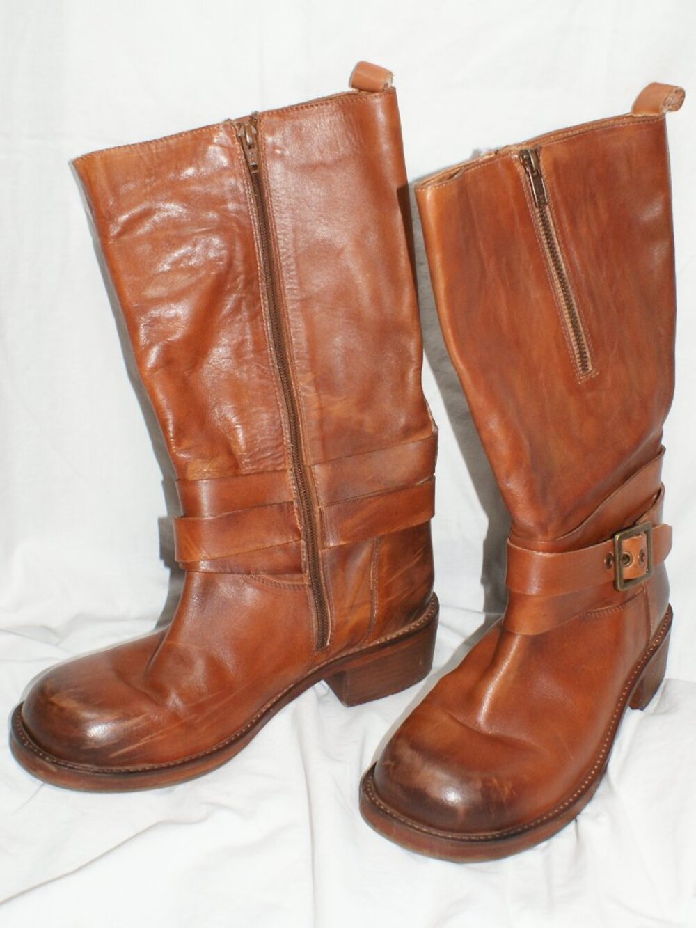 Vintage Foundry Tall Camel Leather Riding / Moto Boots - Size 8.5 - EUC